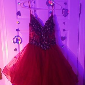 Burgundy red mesh tulle layered ball gown